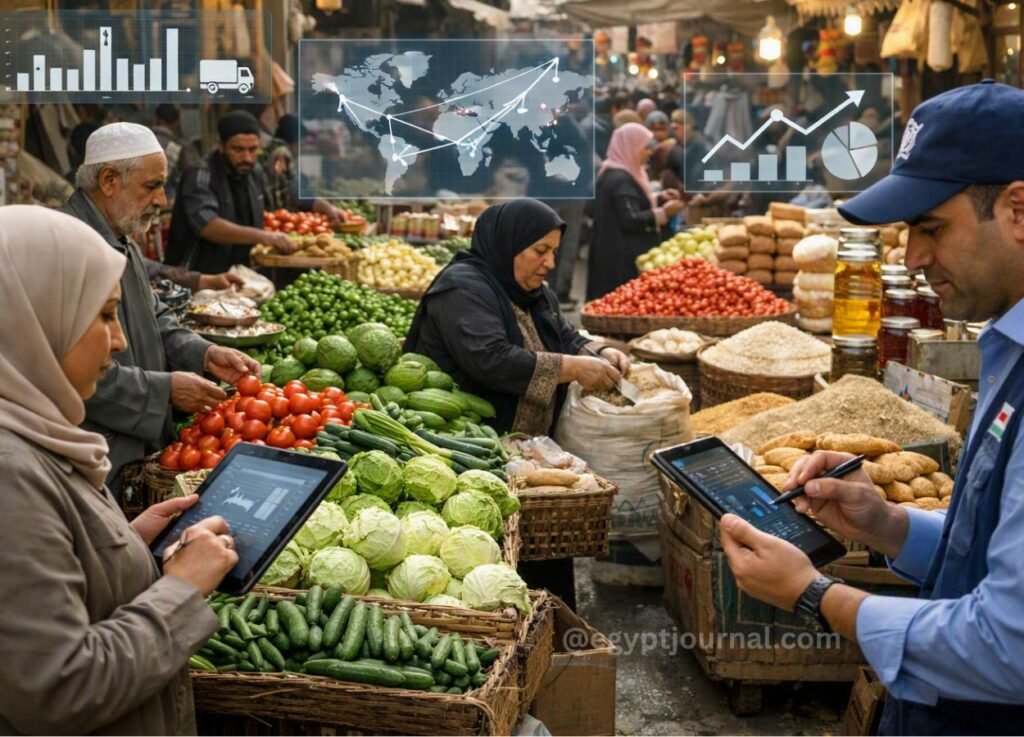 Market scene with vendors and fresh vegetables while two people use tablets, overlaid with world map and charts (business analytics)