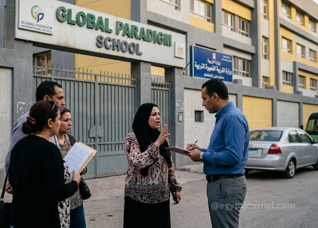 Group of adults conversing outside Global Paradigm School entrance, with a woman in a hijab speaking to a man who is taking notes while others hold documents.