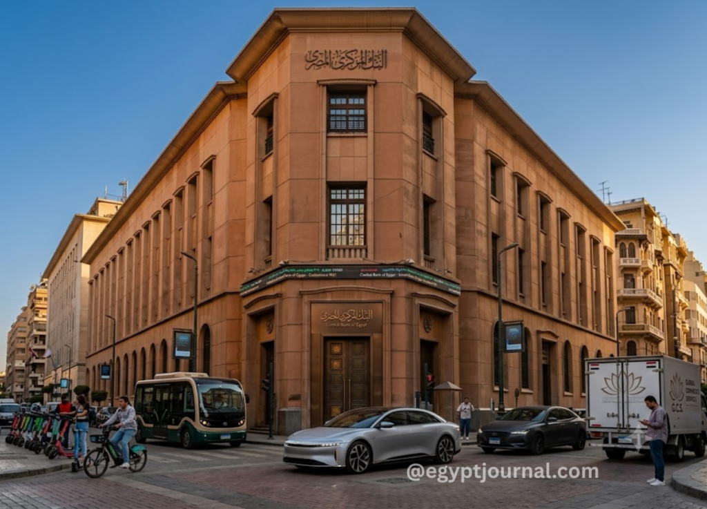 Large sandstone corner building with Arabic inscriptions, situated on a busy Cairo street, flanked by a white electric car and a delivery truck, with scooters and pedestrians nearby.