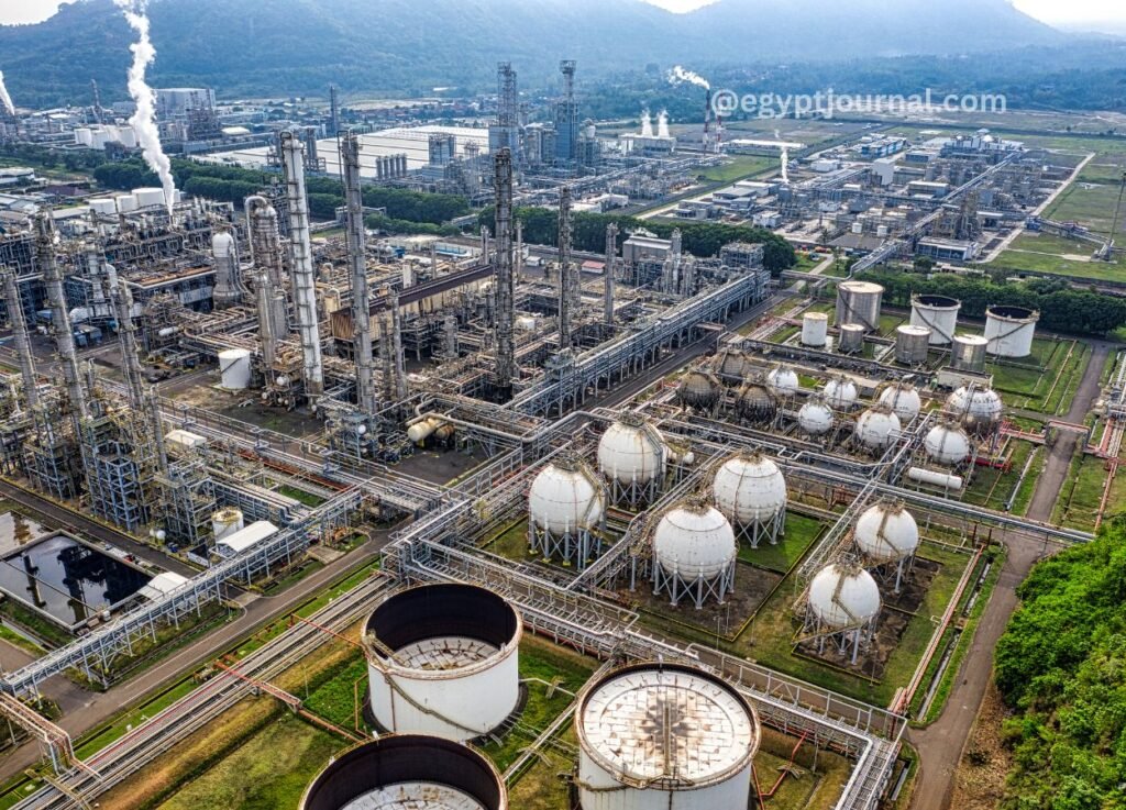 A large industrial refinery complex with distillation towers, extensive piping, and numerous spherical storage tanks.