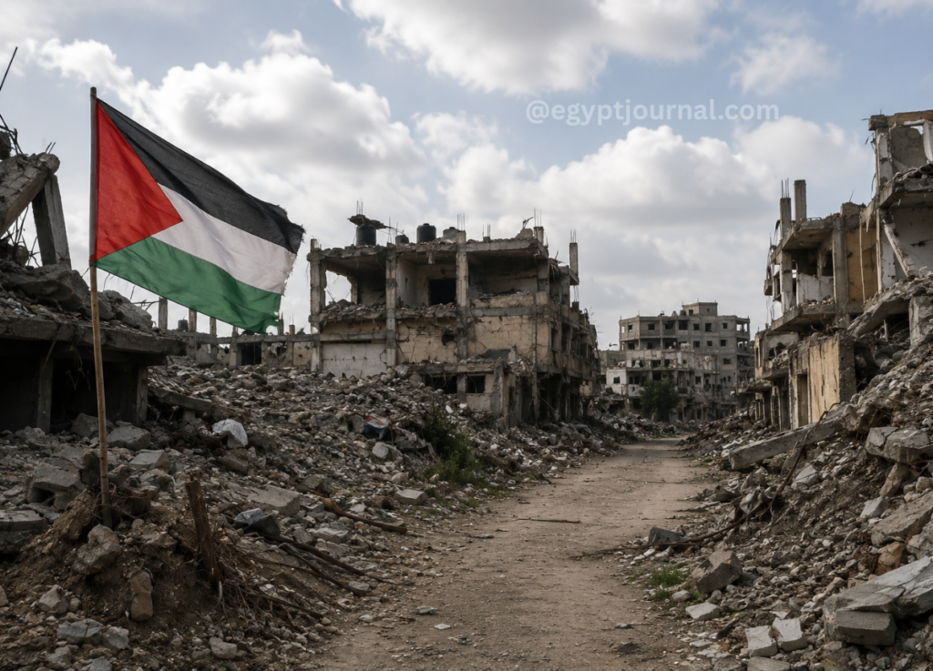 Palestinian flag on a pole in a street of ruined concrete buildings and rubble.