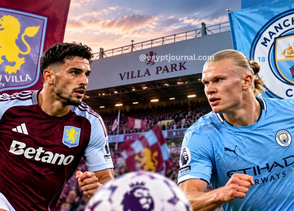 Two Premier League players in action at Villa Park: Aston Villa in maroon and Manchester City in light blue, with a ball between them.